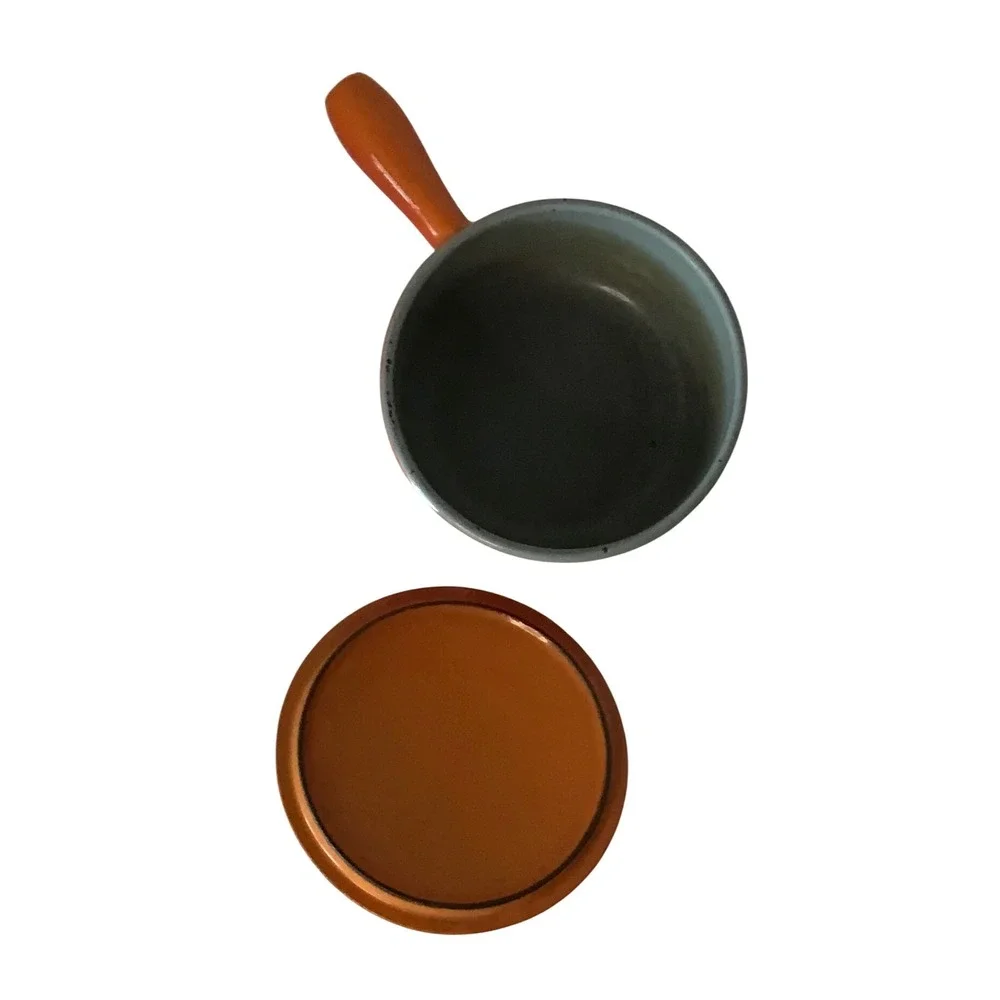 Vintage Descoware Belgium Enameled Cast Iron Saucepan‎ w/ Lid Flame Orange 1 Qt